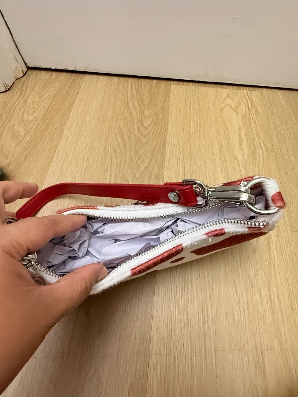 Von Dutch Red and White Cow-Print Shoulder Bag